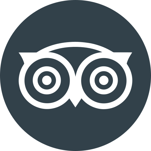 White owl eyes logo on dark circular background.