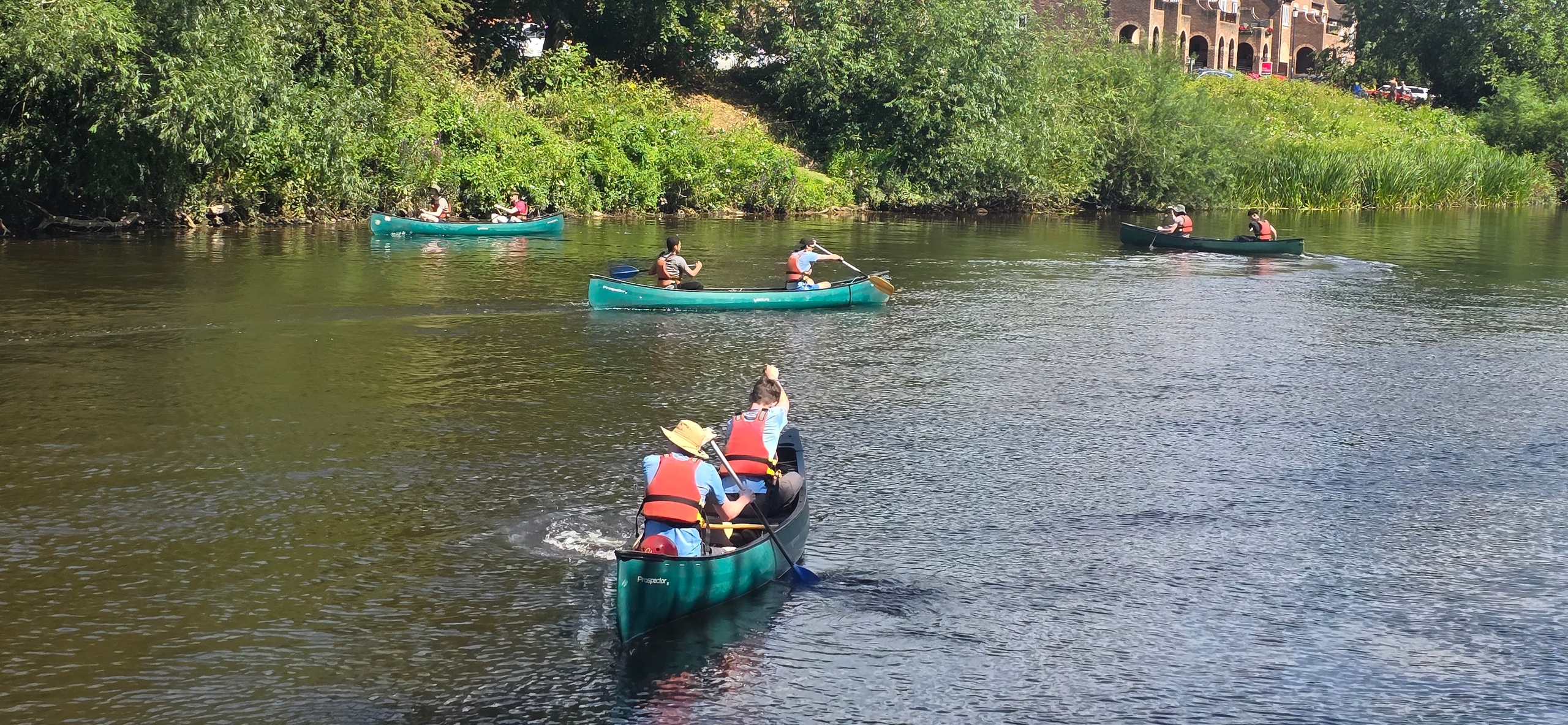 People canoeing on a river surrounded by greenery.