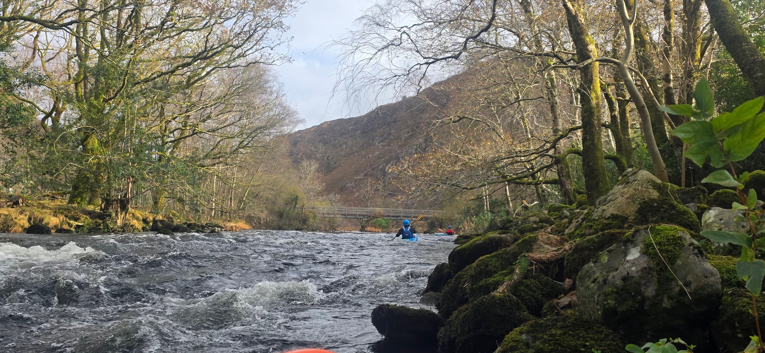 Kayakers navigate a rocky, tree-lined river with a bridge in the distance.