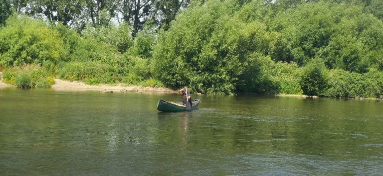 Person paddling a canoe on a calm river with trees on the bank.