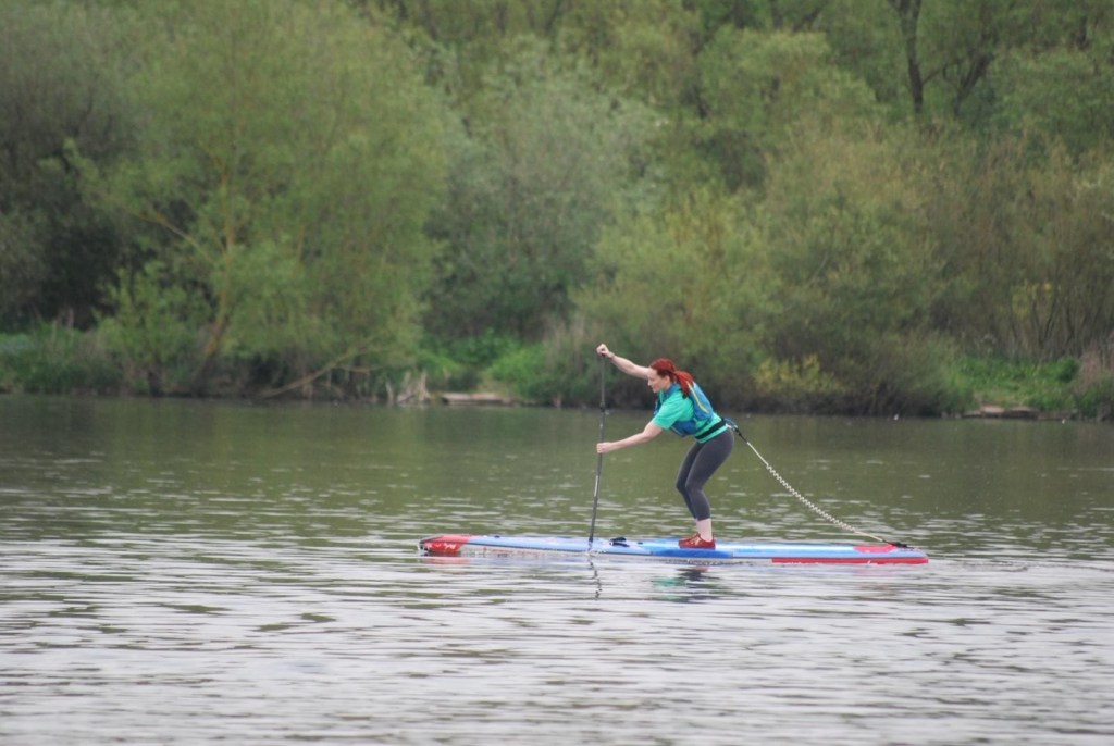 Person paddleboarding on calm water with trees in background.